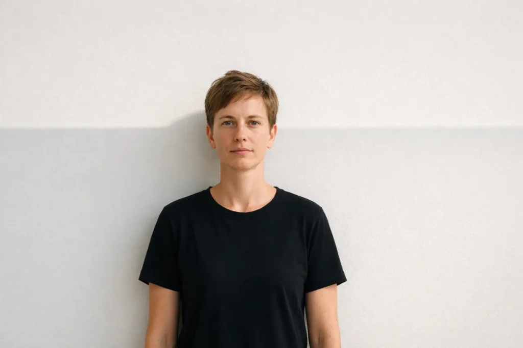 Person standing calmly against a plain wall representing how to stop overthinking