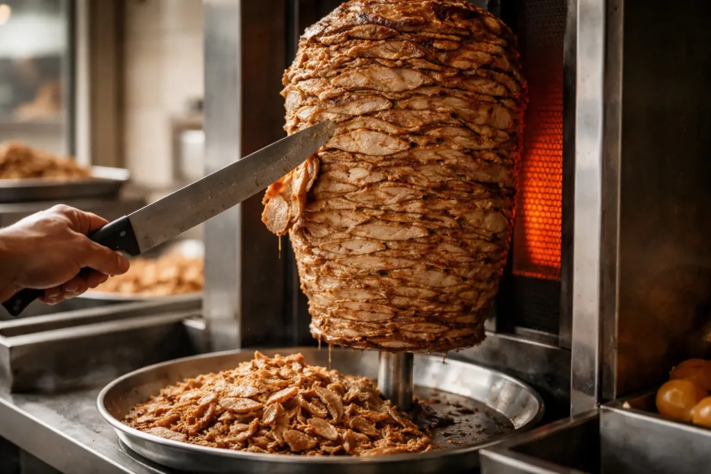 shawarma meat cooking on a vertical rotisserie