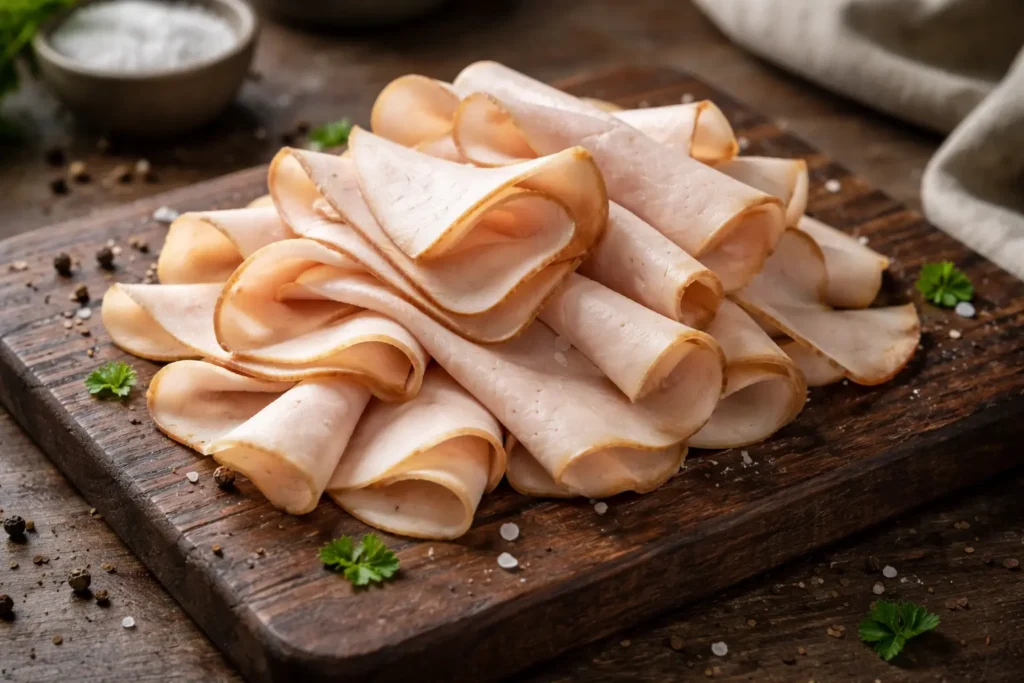 Sliced turkey deli meat arranged on a wooden cutting board