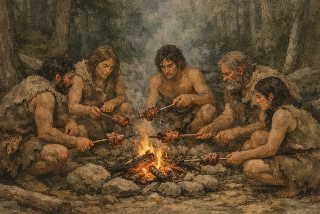 Early humans cooking meat over fire in a forest, showing the historical origins of meat consumption