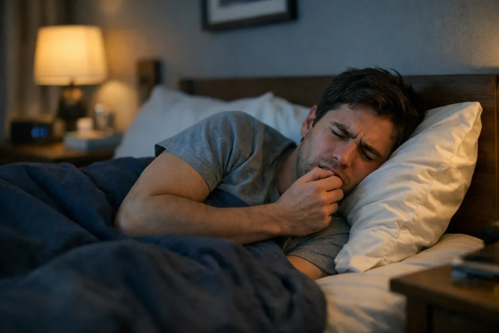 Man sleeping in bed with uneasy expression representing dreaming about teeth falling out