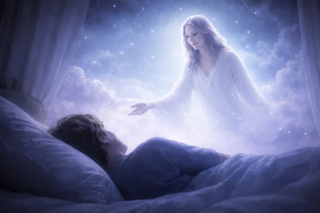 Seeing a dead person alive in a dream as a glowing woman appears above a sleeping man in a peaceful night dream.