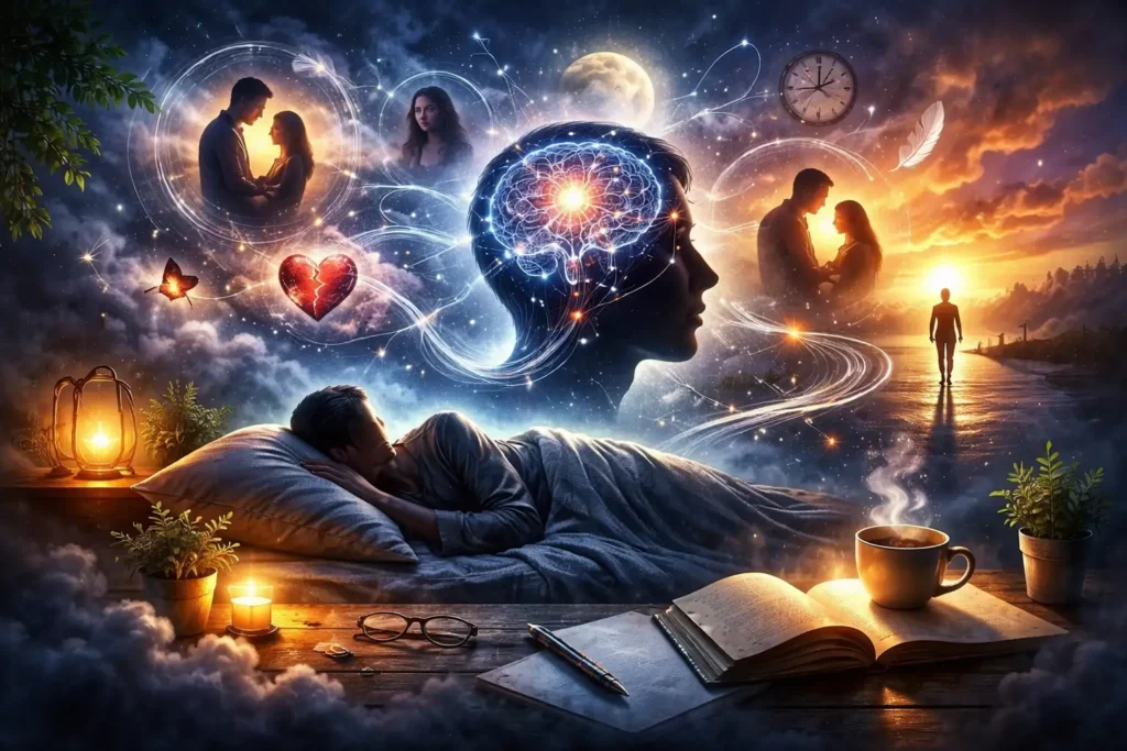 Dreaming about someone concept illustration showing a person sleeping while symbolic memories, relationships, and psychological dream imagery appear above.