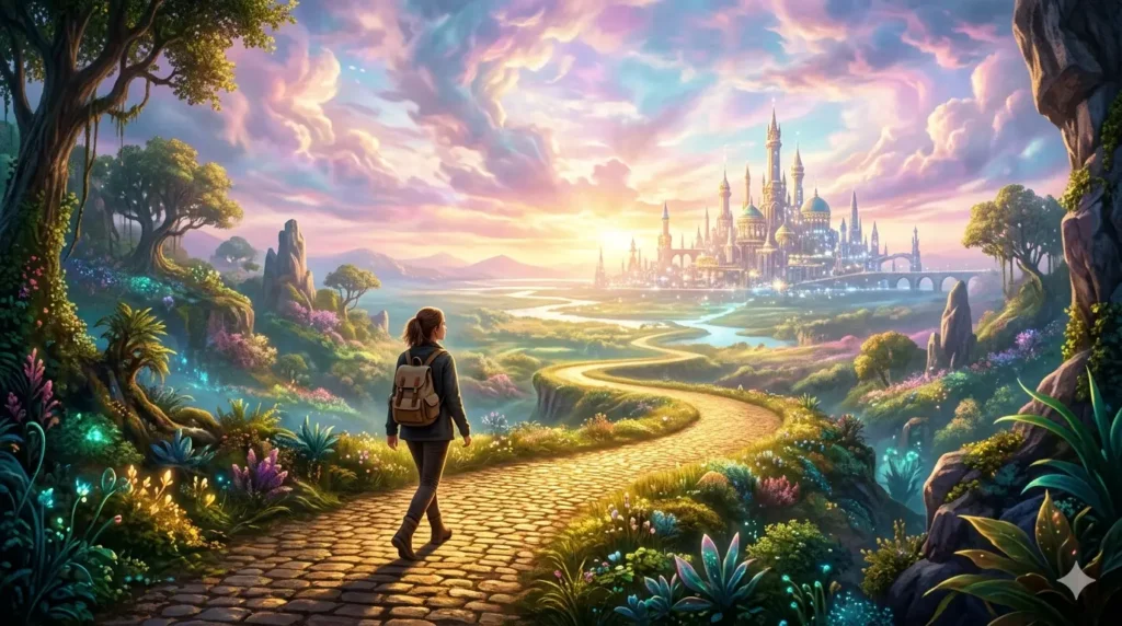 A woman experiencing being alone in a dream while walking on a golden path towards a majestic city, symbolizing travel and success.