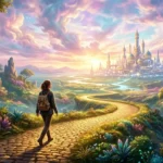 A woman experiencing being alone in a dream while walking on a golden path towards a majestic city, symbolizing travel and success.