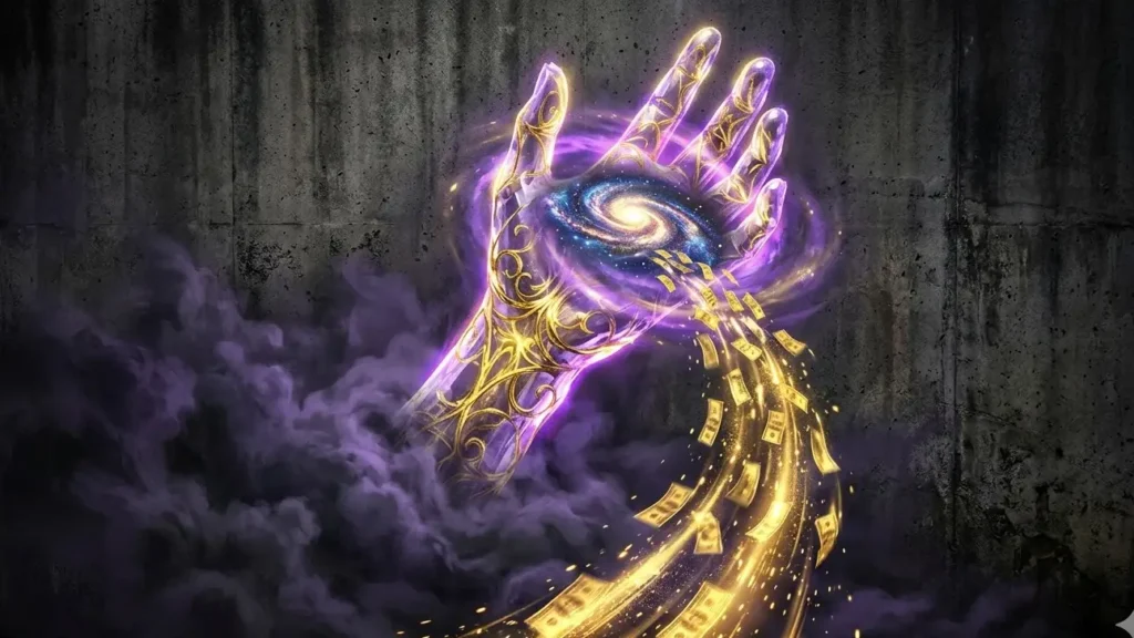 Glowing hand holding a galaxy with gold money trails for dream symbolism.