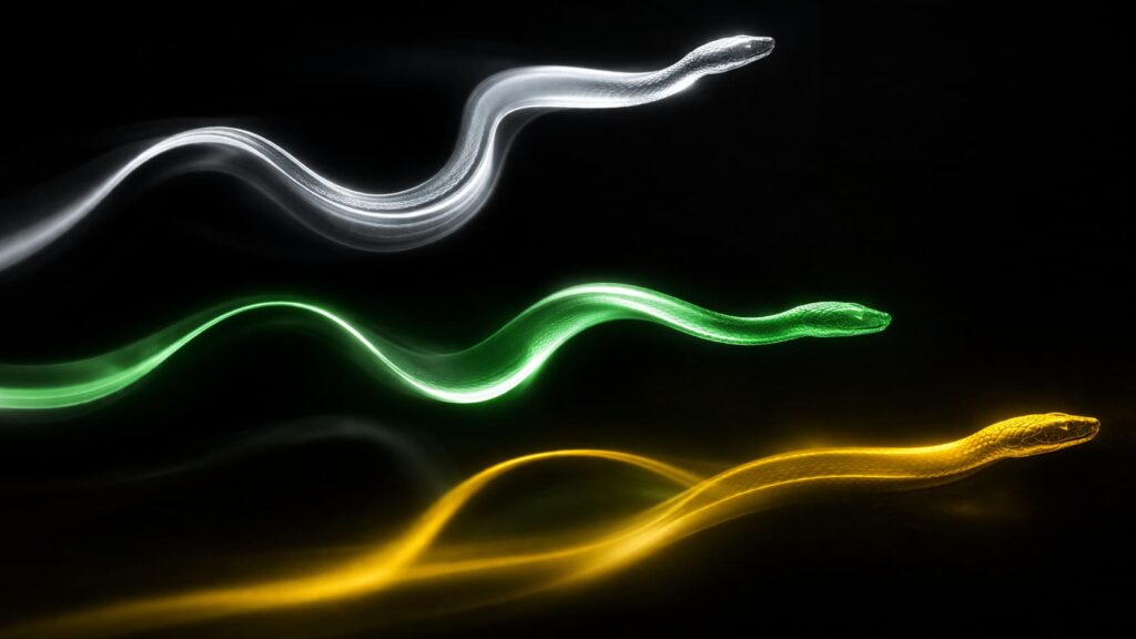 snake dream meaning based on different snake colors showing black white green and yellow snakes