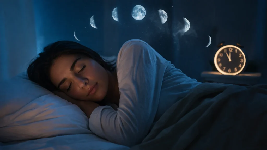 do dreams come true dream interpretation with sleeping person, moon phases and clock symbolizing time and tithi