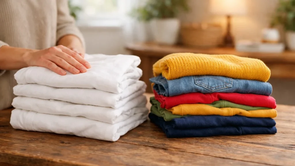 A person neatly folding a stack of white and colorful laundry on a wooden table, representing the psychological and symbolic meaning of dreaming of clothes.