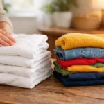 A person neatly folding a stack of white and colorful laundry on a wooden table, representing the psychological and symbolic meaning of dreaming of clothes.
