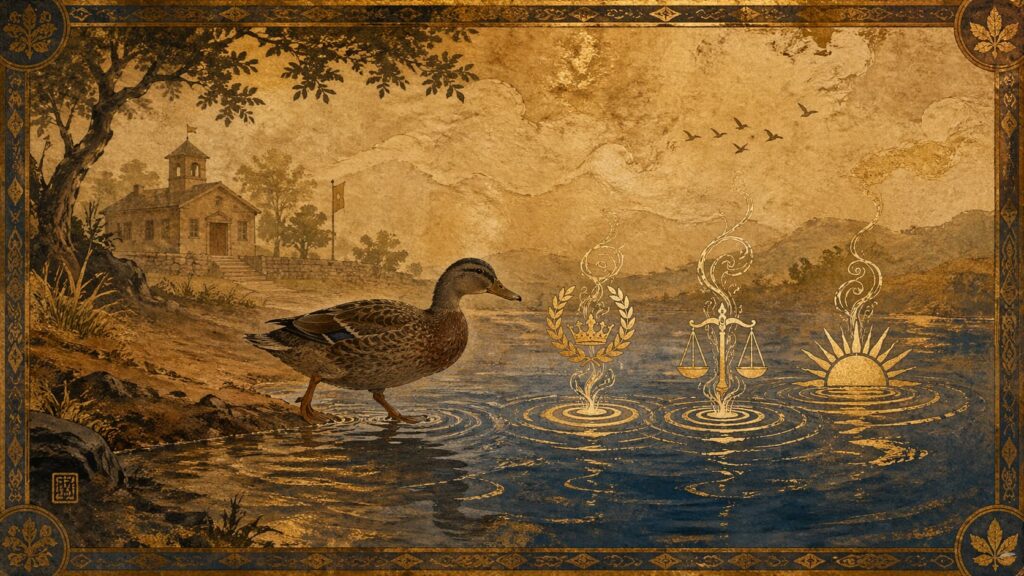Artistic mural depicting the traditional meaning of dreaming of ducks with symbolic icons of respect, balance, and new beginnings.