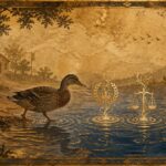Artistic mural depicting the traditional meaning of dreaming of ducks with symbolic icons of respect, balance, and new beginnings.