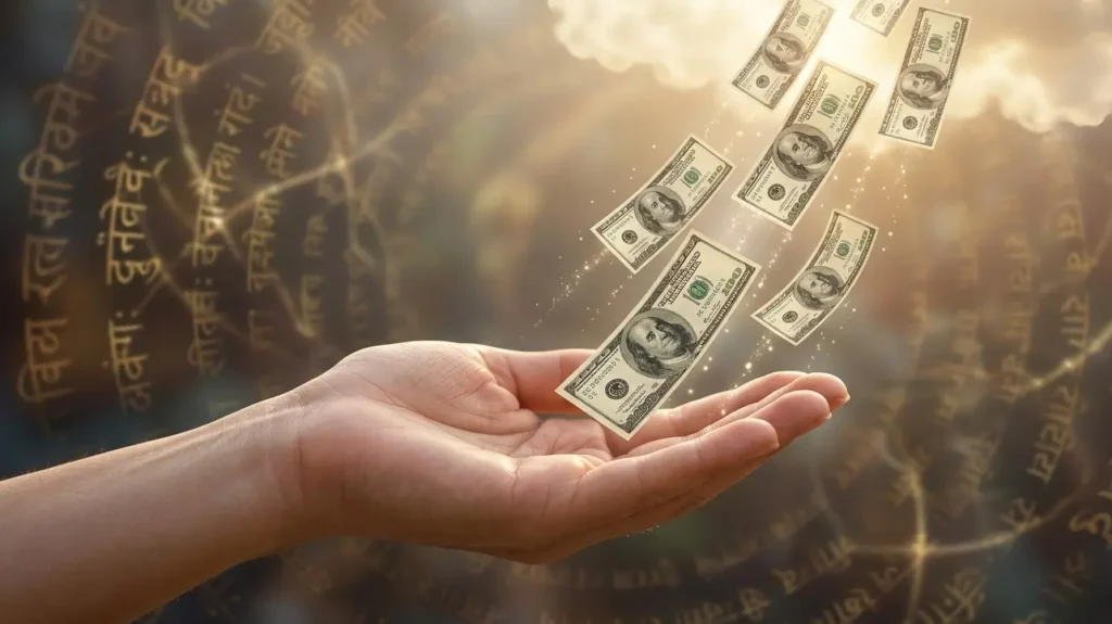 A dream representation of an open hand receiving a shower of $100 bills falling from a golden mystical sky.