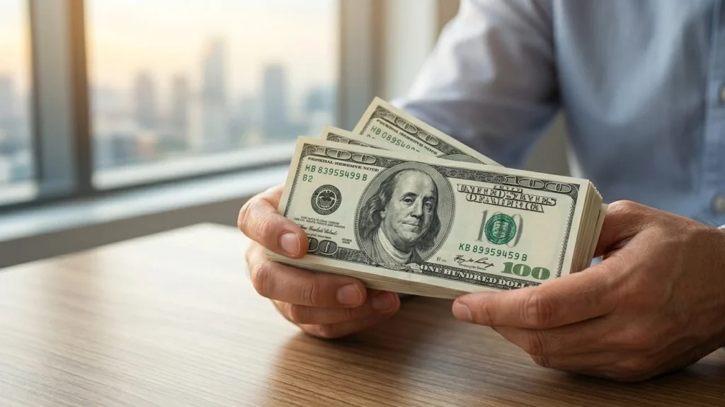 A close-up, high-resolution photo of a person firmly holding a thick stack of $100 bills at a wooden desk, symbolizing the success associated with dreaming of holding money in your hand.