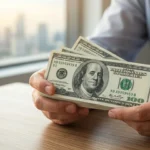 A close-up, high-resolution photo of a person firmly holding a thick stack of $100 bills at a wooden desk, symbolizing the success associated with dreaming of holding money in your hand.