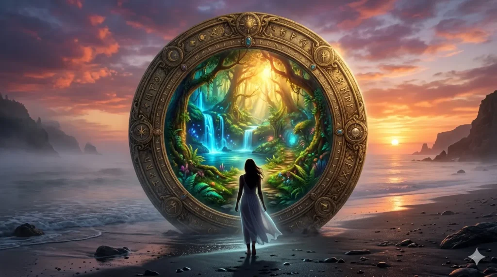 A surreal portal mirror on a misty beach at sunset showing a lush green forest inside, representing dreaming of a mirror meaning.