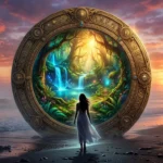 A surreal portal mirror on a misty beach at sunset showing a lush green forest inside, representing dreaming of a mirror meaning.