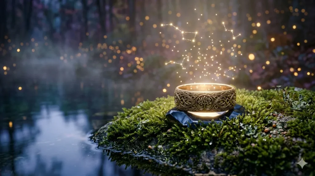Glowing stars and constellations rising from an ancient gold ring on mossy stone, representing inner peace and the hidden signs of dreaming of a ring.