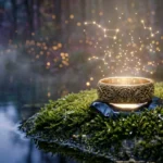 Glowing stars and constellations rising from an ancient gold ring on mossy stone, representing inner peace and the hidden signs of dreaming of a ring.
