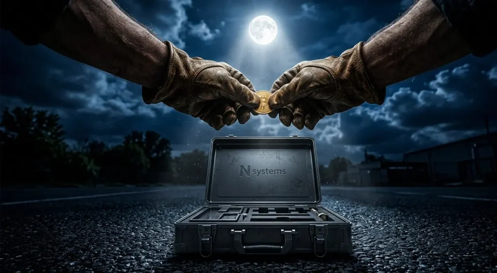Gloved hands catching a gold coin above an open metallic briefcase labeled N-systems, representing building real-world systems for wealth.