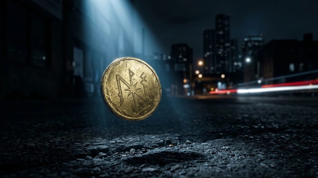 A mystical gold coin floating over a dark urban street under a spotlight, representing the psychological test of finding money in a dream.