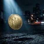 A mystical gold coin floating over a dark urban street under a spotlight, representing the psychological test of finding money in a dream.