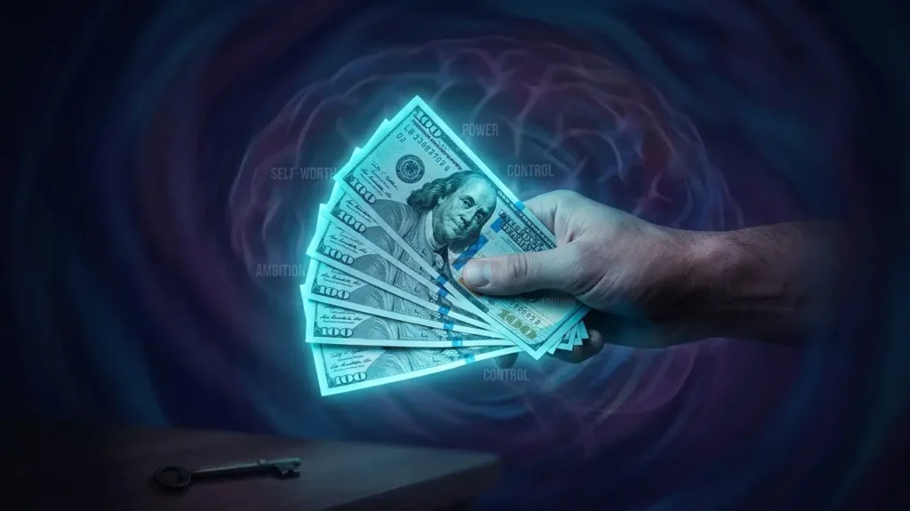 A hand firmly gripping a glowing fan of $100 bills against a subconscious mind background, symbolizing self-worth and power.