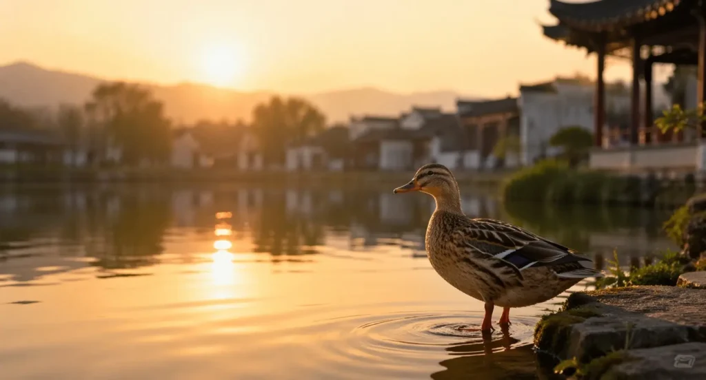 Duck standing at pond edge during sunset, symbolizing life transitions.