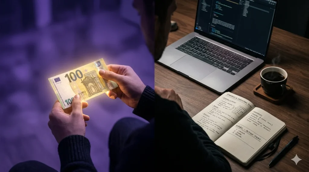 Comparison of receiving money in a dream vs real-world planning on a desk with a laptop.