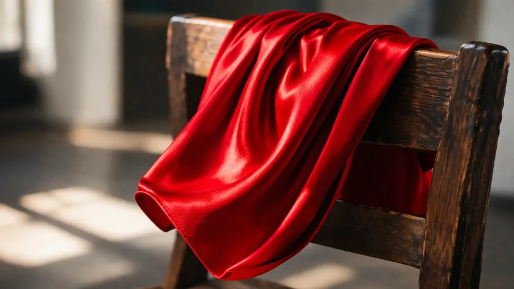 A vibrant red silk cloth draped over a dark wooden chair with dramatic sunlight, symbolizing energy and alertness in dreams.