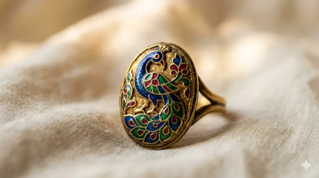 Antique gold ring with colorful peacock enamel work, representing honor and personal growth in dreams.