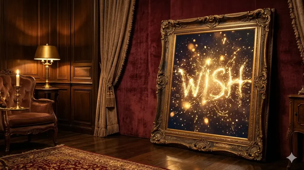 An ornate gold mirror in a vintage room with the word WISH written in golden sparkles, representing success and hopes fulfilled in dreams.