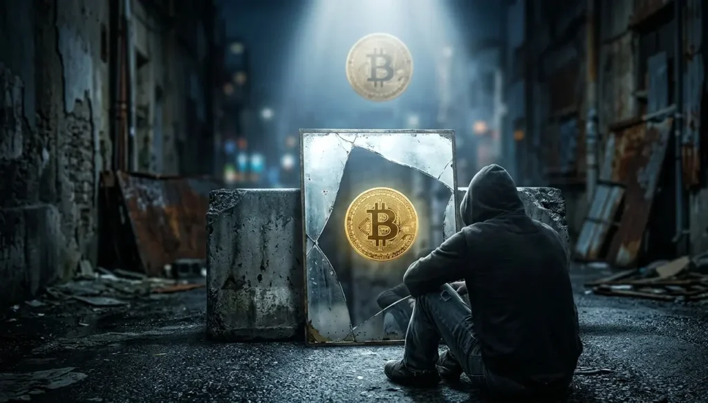 A person sitting on a dark road looking at a gold coin's reflection in a broken mirror, symbolizes self-reflection and the Jungian ego test.