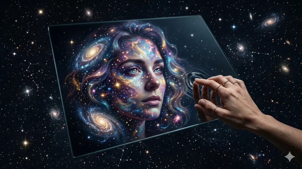 Digital art of a woman's face made of galaxies and stars inside a mirror, symbolizing the psychology of mirror dreams and self-reflection.