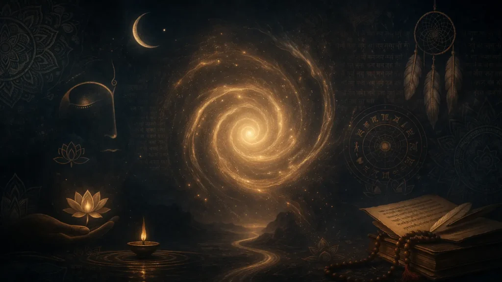 snake dream meaning in Indian tradition with spiritual symbols glowing energy and ancient elements