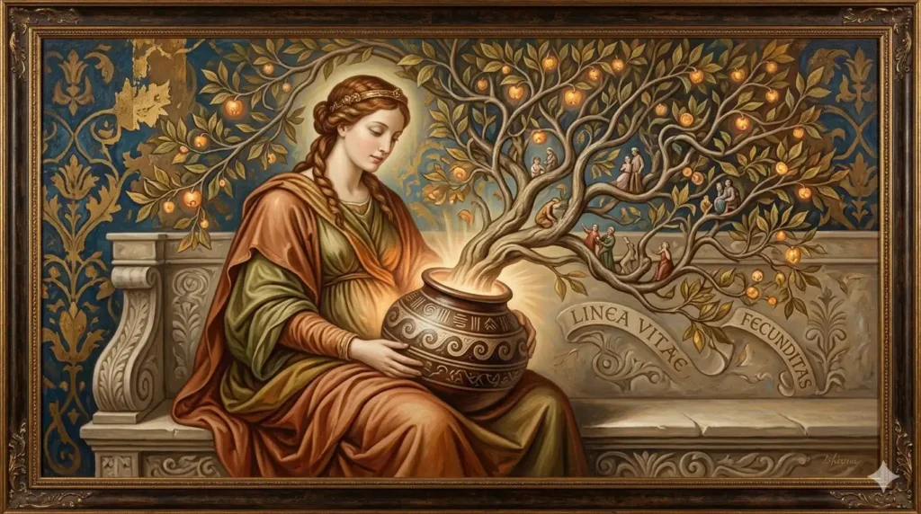 An artistic painting of a woman with a growing family tree from a pot, symbolizing traditional meanings of legacy and abundance.