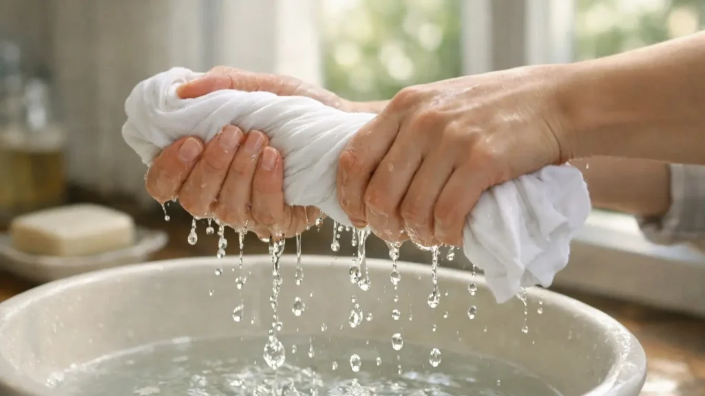 A close-up of hands washing a white cotton shirt in clean water, representing mental clarity and a fresh start in dream psychology.