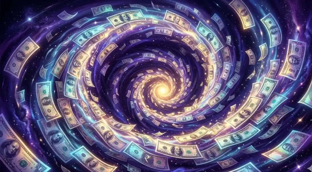 Surreal money vortex in a purple galaxy representing dreams of wealth.