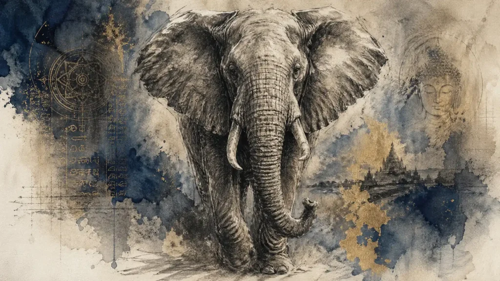 elephant dream meaning illustration showing a powerful elephant with symbolic elements of wisdom and spirituality