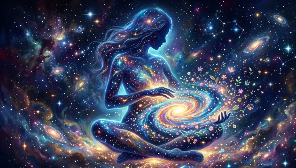 A cosmic silhouette of a person containing a galaxy, representing the psychological depth of the subconscious mind and self-identity.