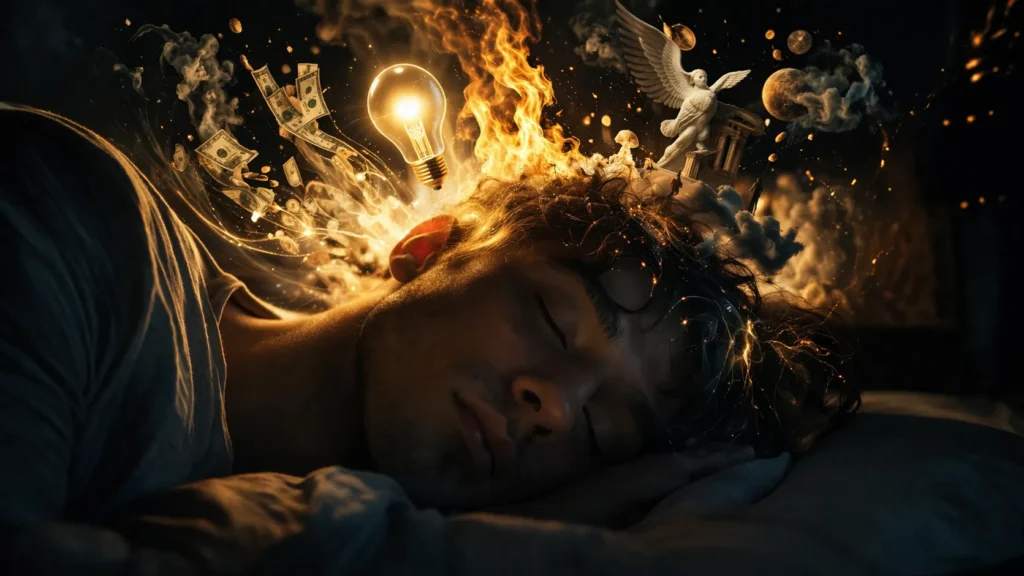 real meaning of your dreams shown through symbolic dream elements around a sleeping person