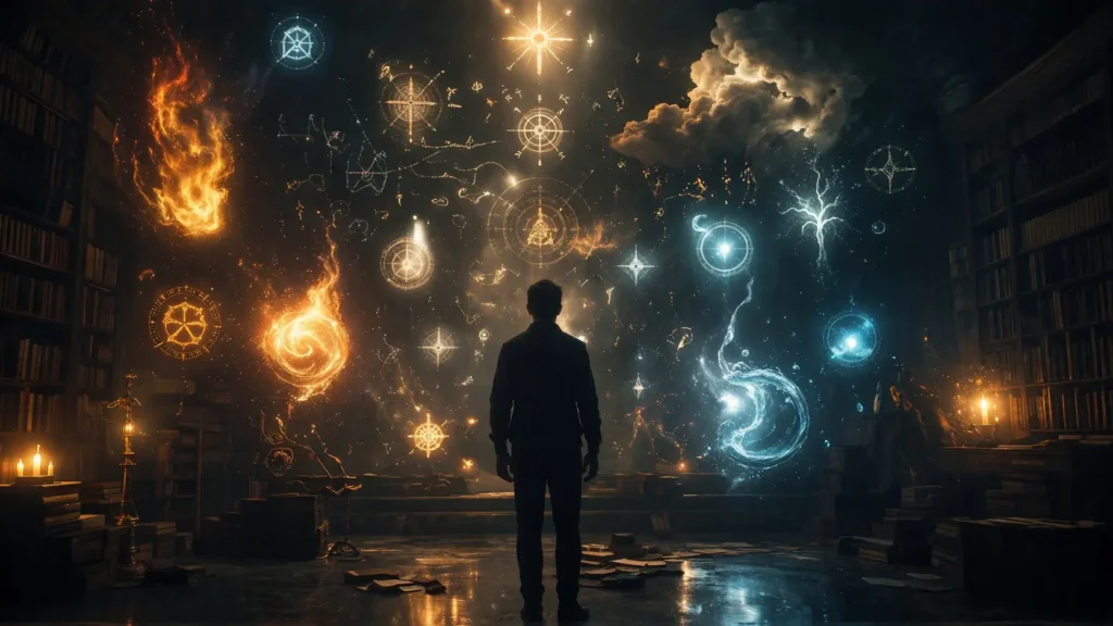 person observing symbolic dream elements like fire and water representing the real meaning of your dreams