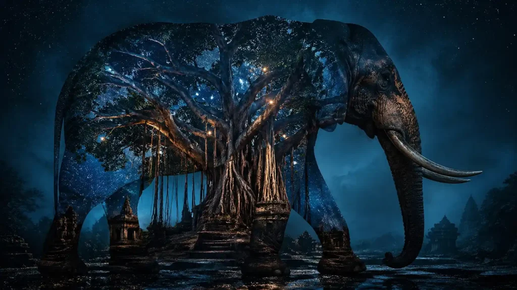 elephant dream meaning with surreal elephant and symbolic elements representing balance, power, and a deeper interpretation
