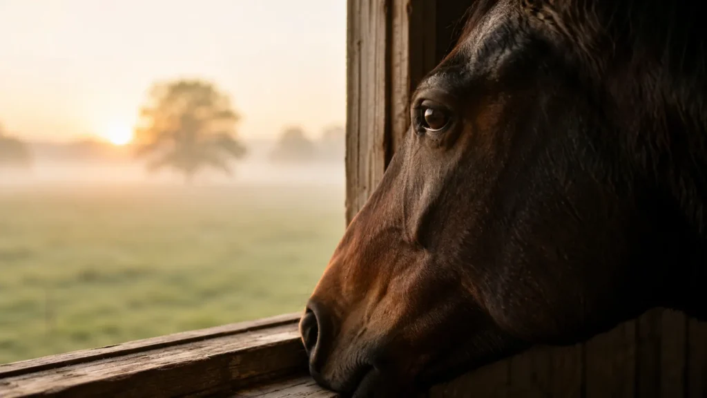 calm horse looking outside stable window