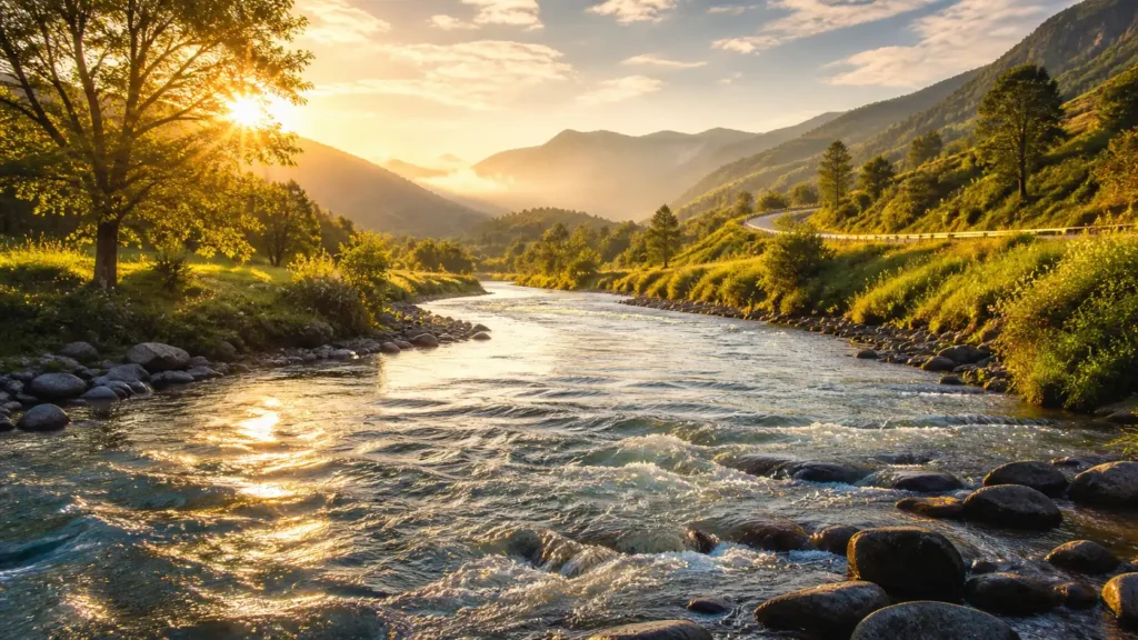 A river in your dream flowing through a green valley at sunrise, symbolizing clarity and life direction