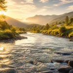 A river in your dream flowing through a green valley at sunrise, symbolizing clarity and life direction