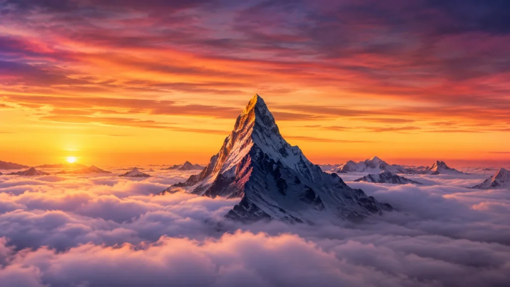 Dreaming about mountains with a tall snowy peak above the clouds during sunset, symbolizing success and life goals