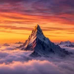 Dreaming about mountains with a tall snowy peak above the clouds during sunset, symbolizing success and life goals