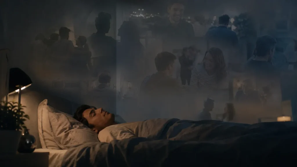 A person sleeping while emotional memories and social interactions appear in a dream, symbolizes how the brain processes emotions during sleep