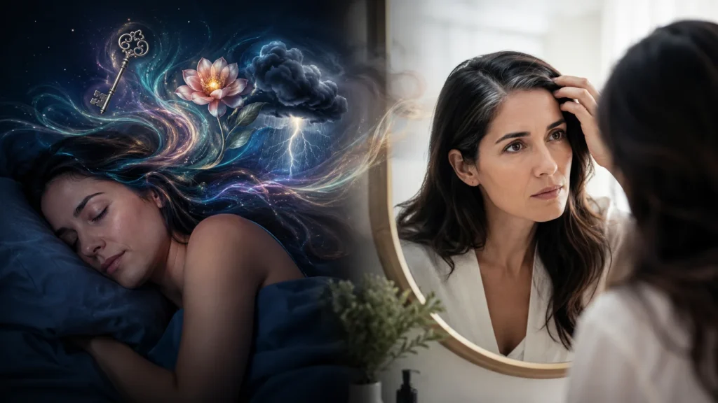 Dreaming of hair showing a woman asleep and looking at her hair in the mirror, symbolizing hair dream meanings and emotions